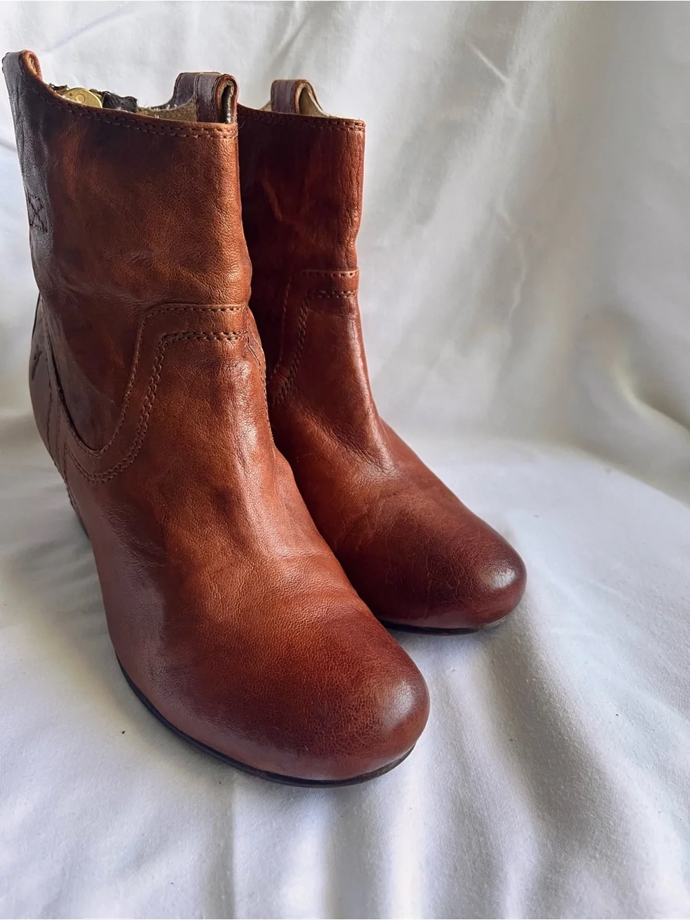 Frye Cognac Leather Wedge Ankle Boots
